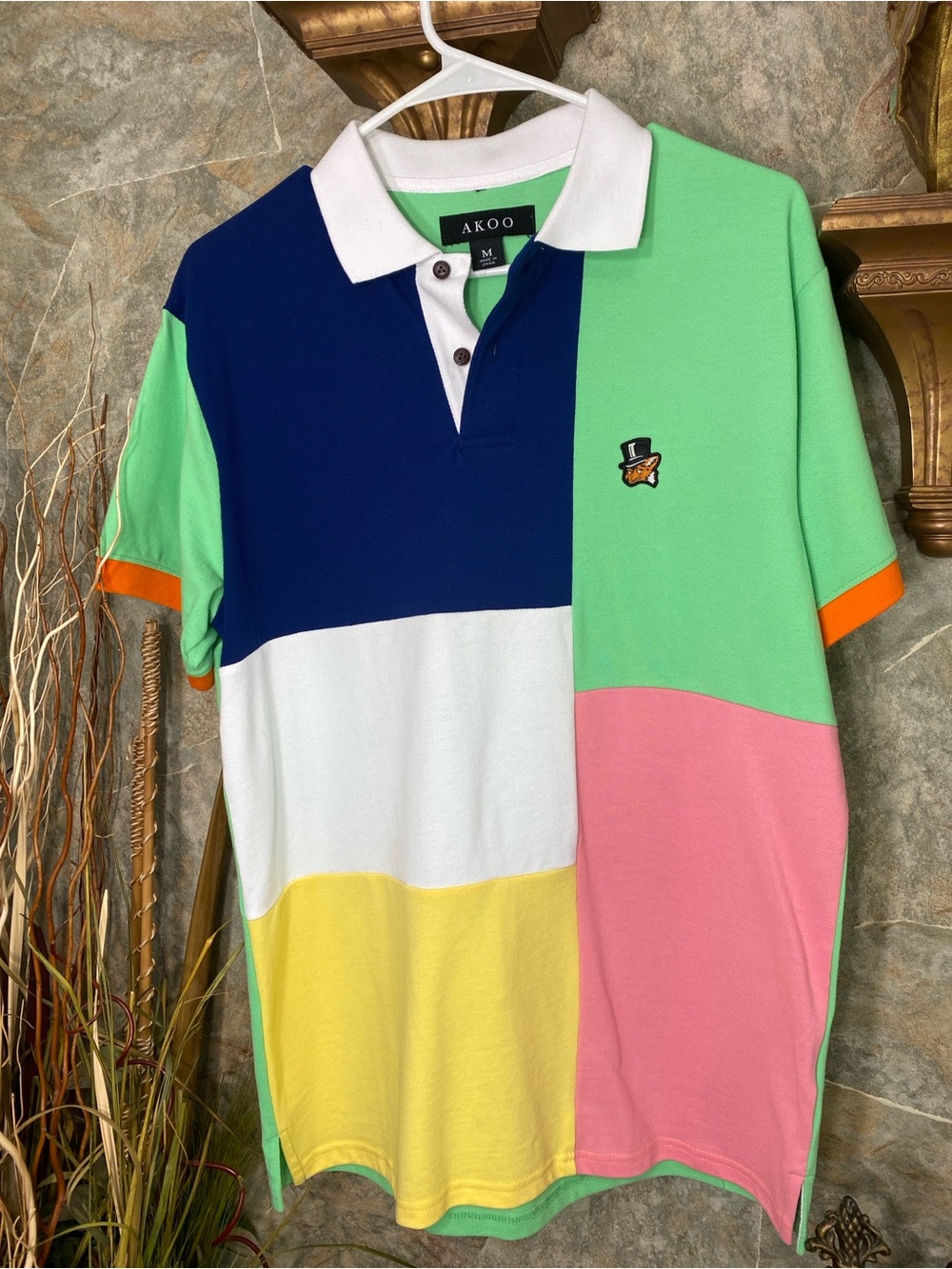 Akoo men’s short sleeve collar polo shirt button front Colorful preppy classic